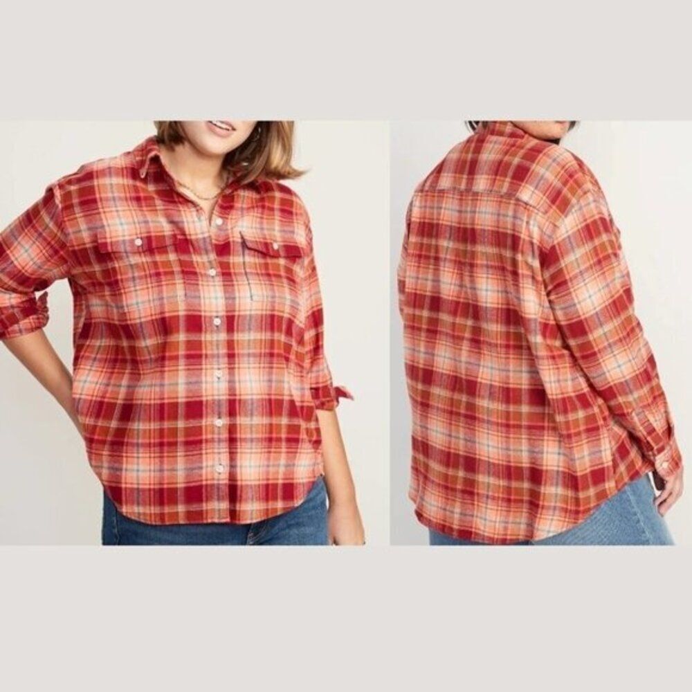 Old Navy  Women Long-Sleeve Plaid Flannel‎ Boyfriend Cotton Tunic Shirt